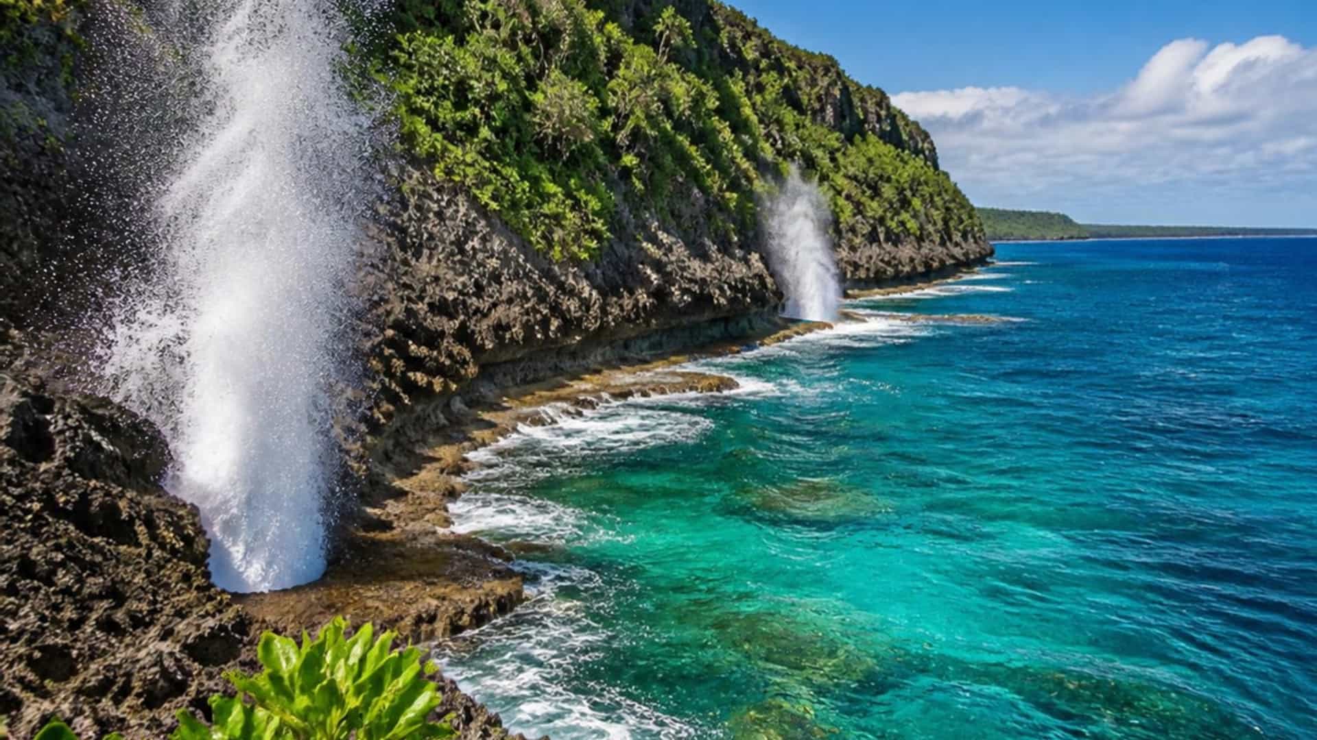 The dramatic cliffs of Eua island, Tonga, with ocean blowholes, turquoise water and lush tropical greenery.