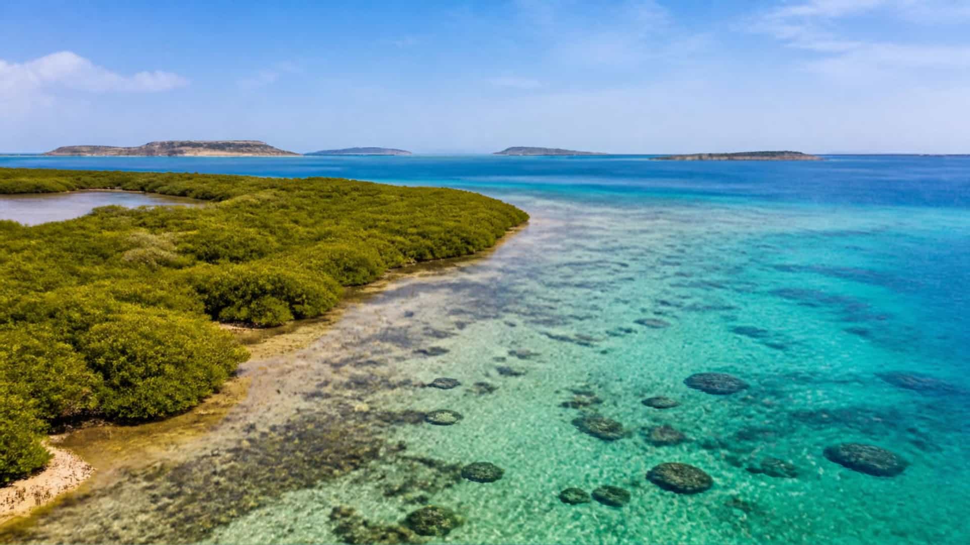 The Red Sea coastline of Jazan, Saudi Arabia, with the Farasan Islands, mangroves and turquoise shallows.