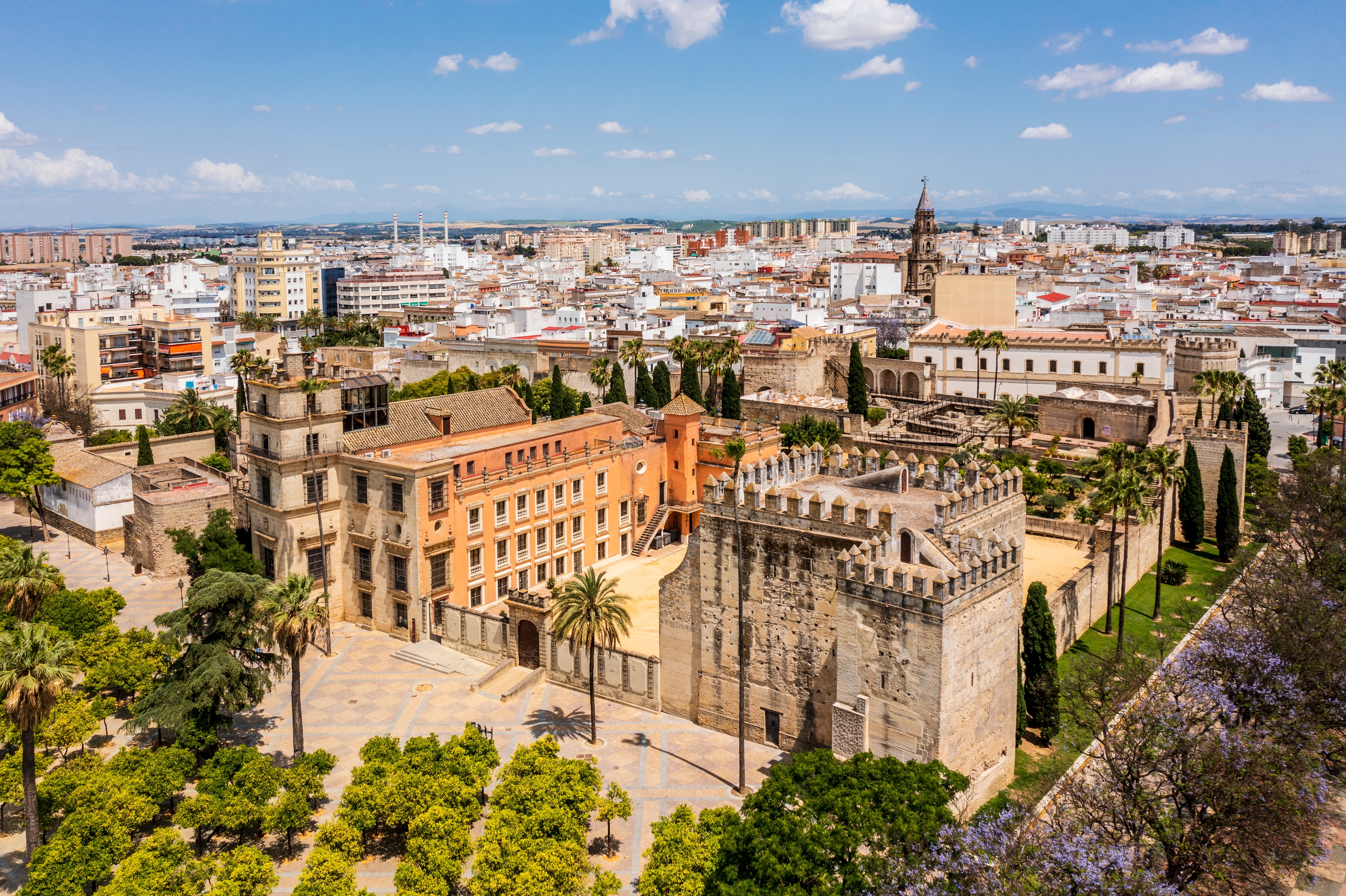 A captivating high-angle aerial view of the historic Alcázar of Jerez de la Frontera in Andalusia, Spain—a celebrated cultural shore excursion destination renowned for its sherry production and equestrian heritage.