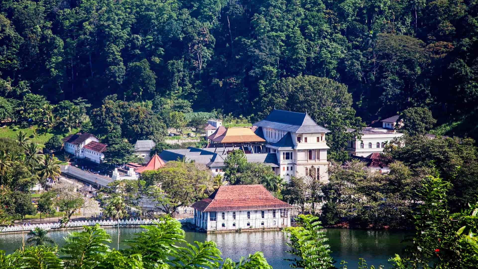 The Temple of the Sacred Tooth Relic in Kandy reflected in a calm lakeside setting, surrounded by lush green forest and traditional sloped‑roof buildings.