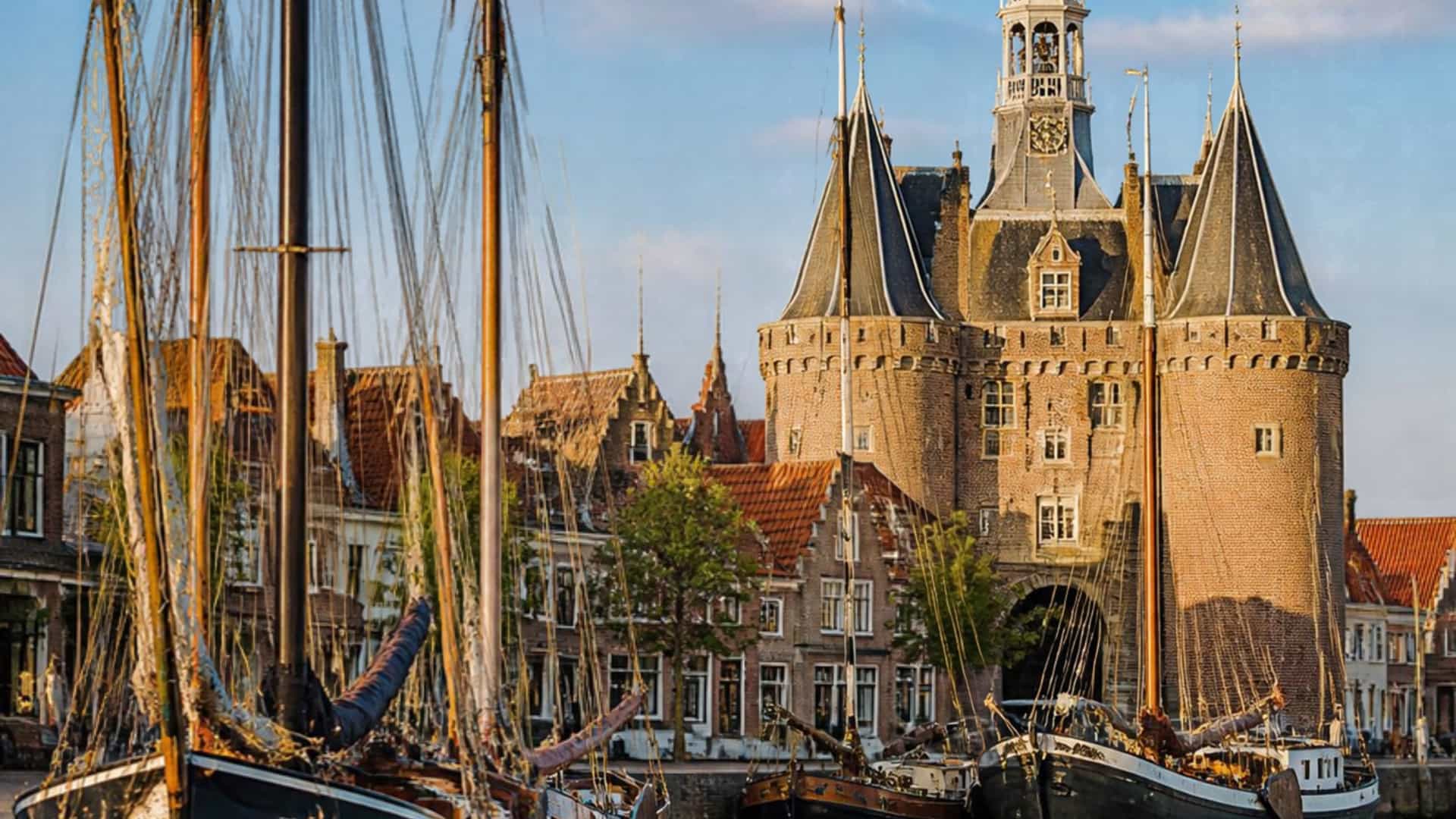 The historic Dutch harbor town of Medemblik on the IJsselmeer, with old sailing ships and a medieval castle.
