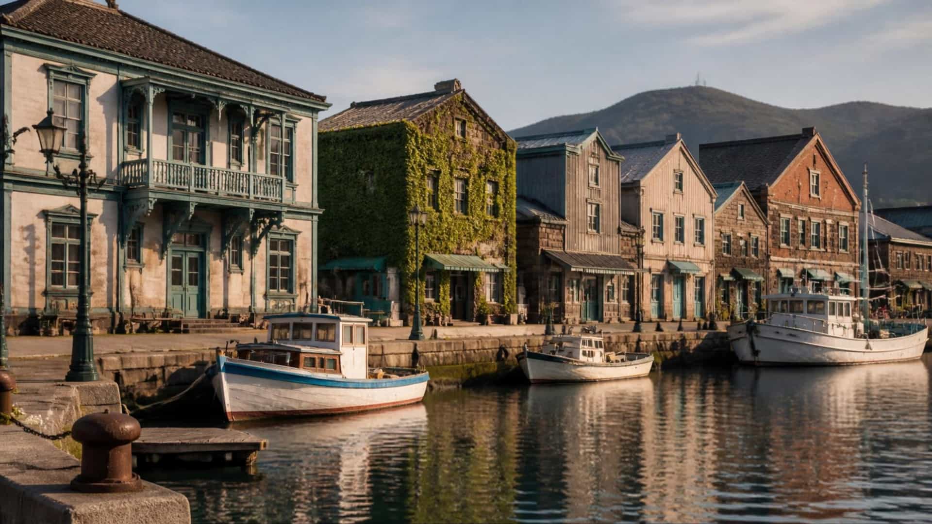 The charming retro port district of Mojiko in Kitakyushu, Japan, with historic Western-style buildings along the waterfront.