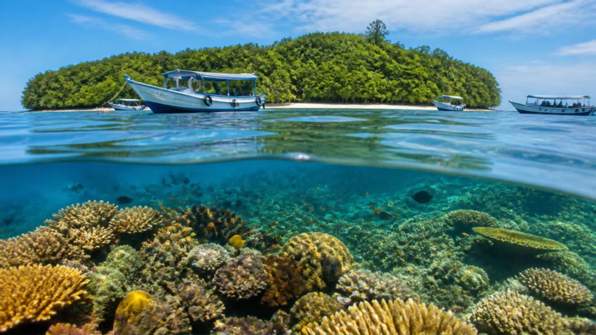 The coral-fringed island of Pulau Siladen near Bunaken, Indonesia, with dive boats anchored over a vibrant reef.