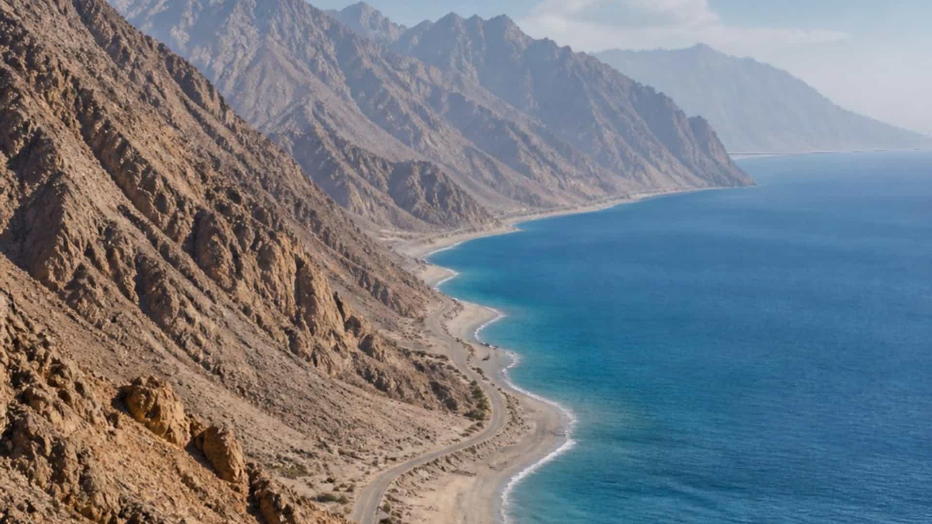 The dramatic Hajar mountains meet the Arabian Gulf along the desert coastline of Ras Al Khaimah, UAE.