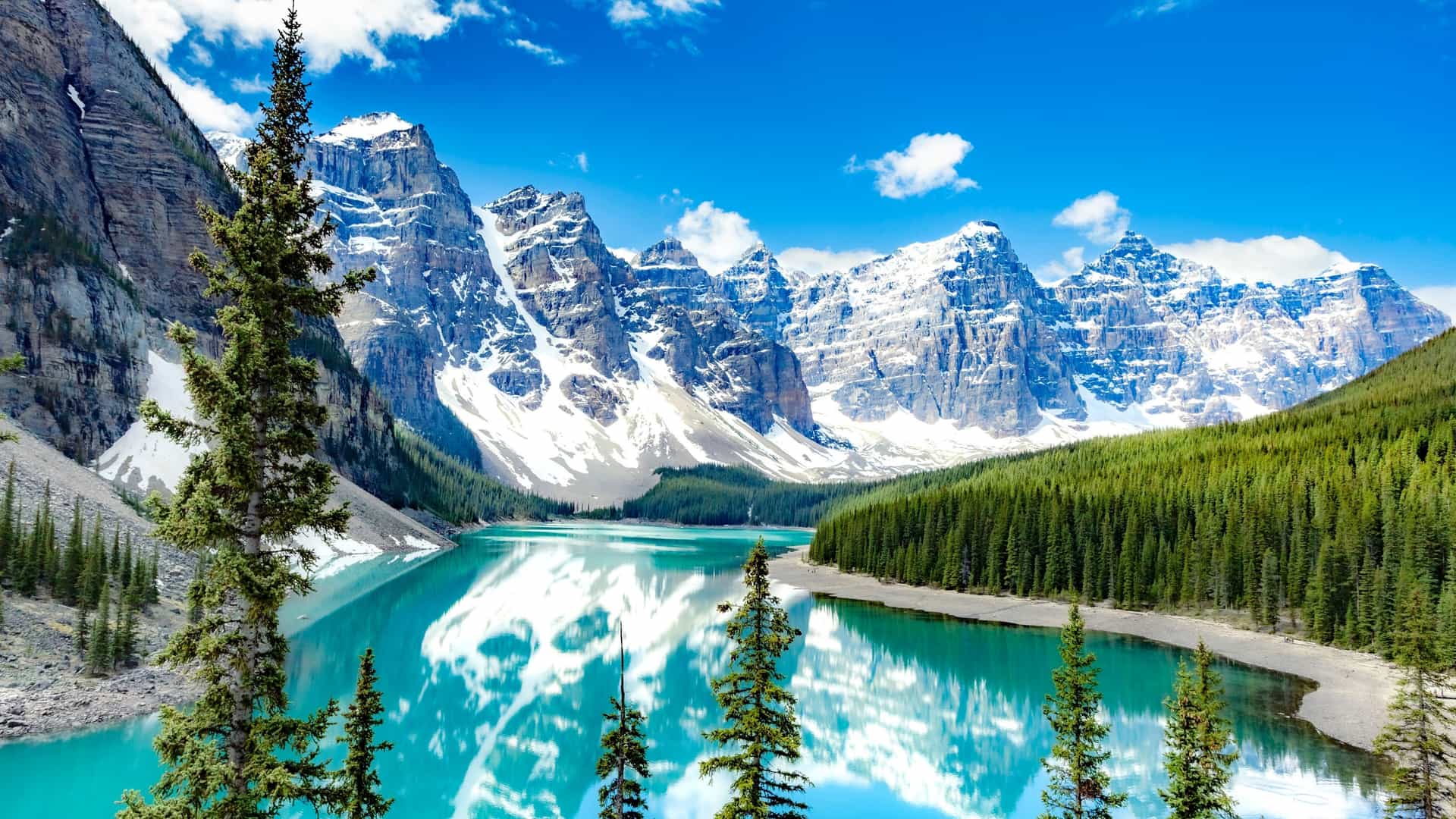 A bright turquoise mountain lake reflecting snow-capped peaks and surrounded by a dense evergreen forest.