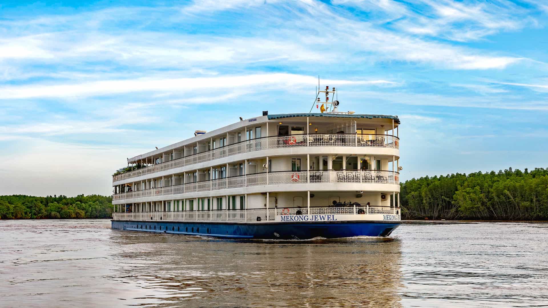 Uniworld's Mekong Jewel sailing the Mekong River.