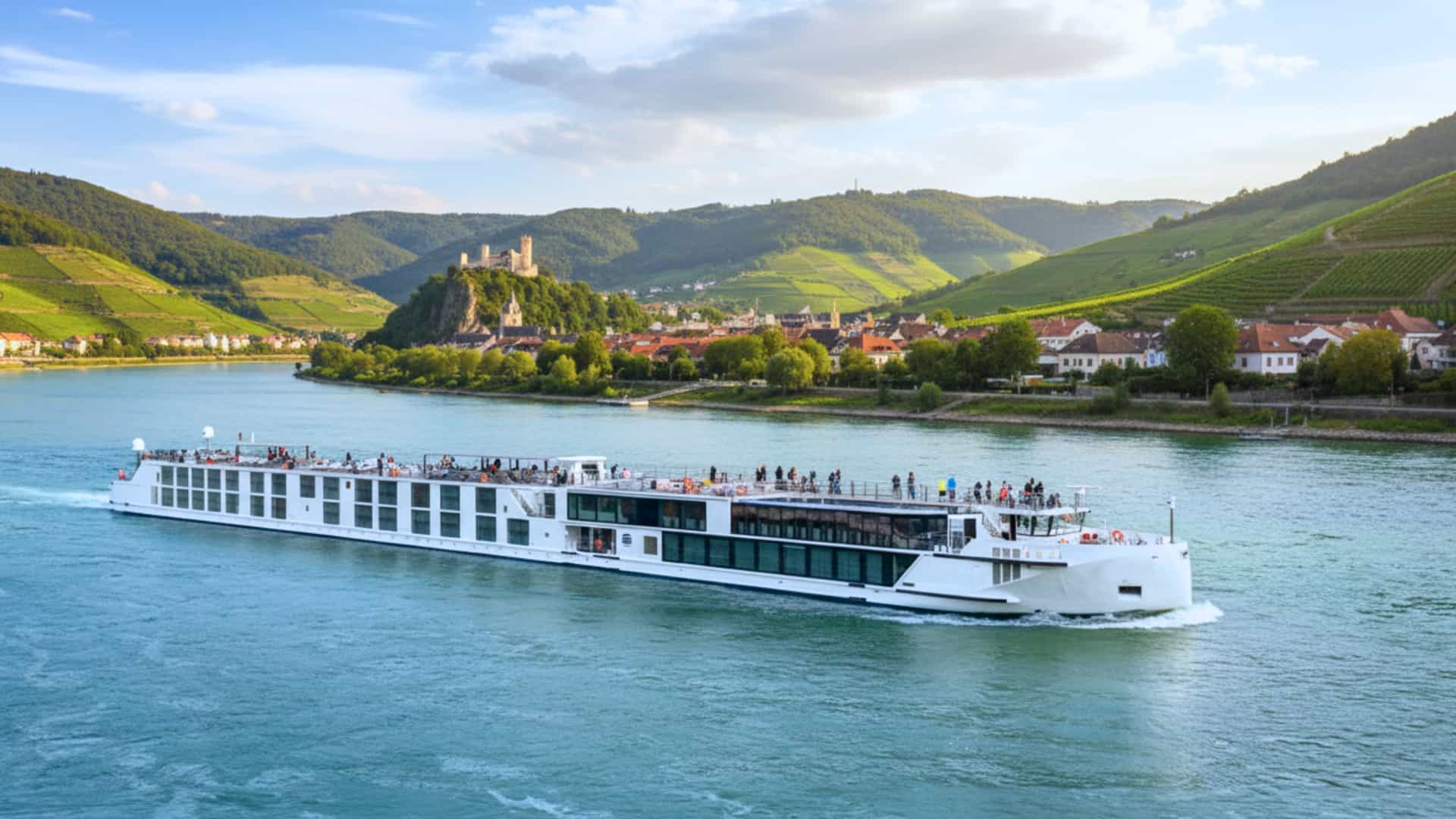 A contemporary Uniworld river cruise ship sailing on a bright blue river, with passengers visible on the upper deck. In the background, a historic castle sits atop a prominent hill overlooking a small town nestled by the water, surrounded by dramatic hills covered in vineyards and lush green forests.
