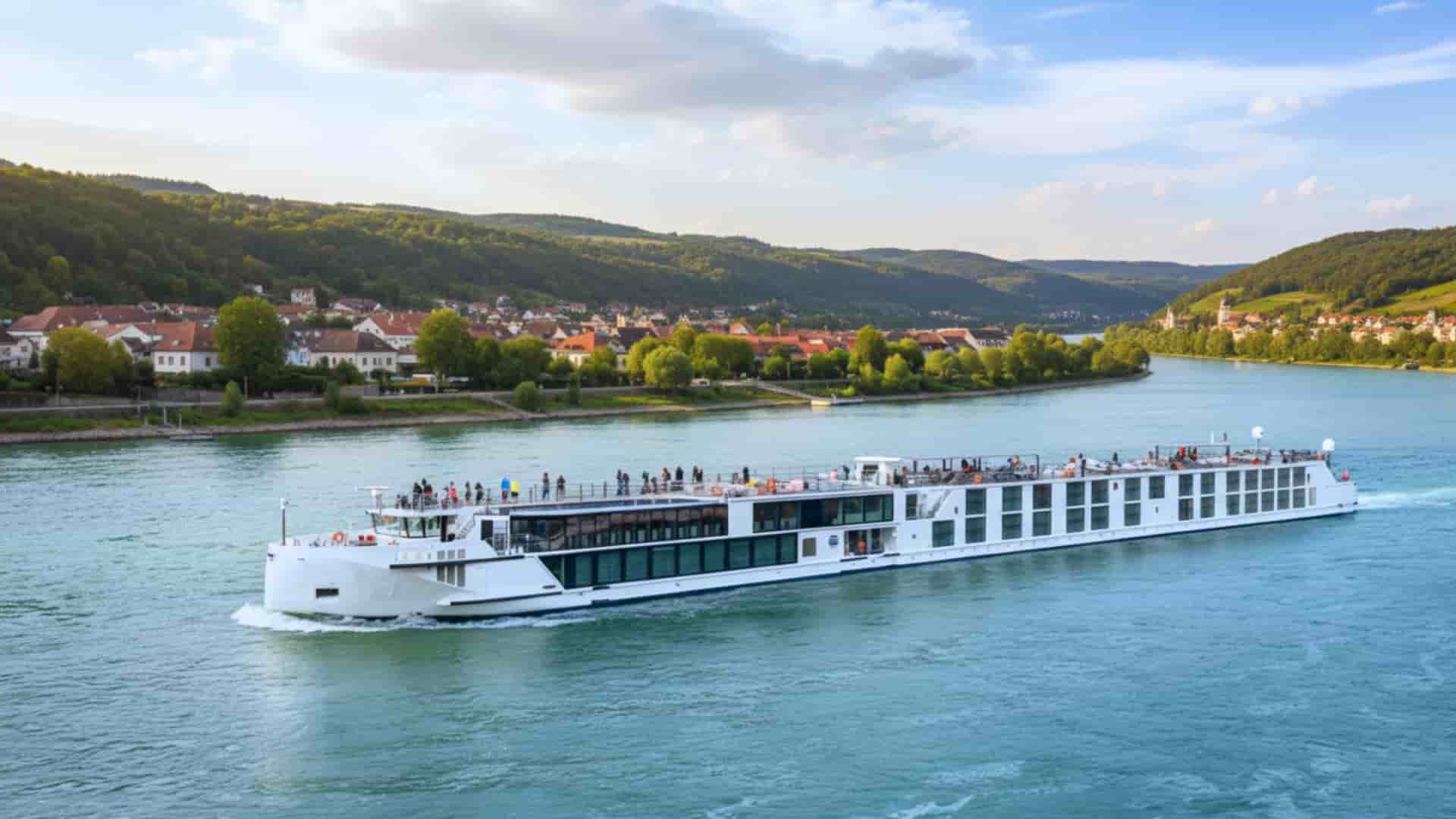 A long, modern Uniworld river cruise ship sailing on a bright blue river. Passengers are visible on the top deck. In the background, the riverbank features a town with densely packed houses, and rolling hills covered in lush green trees extend into the distance under a partly cloudy sky.