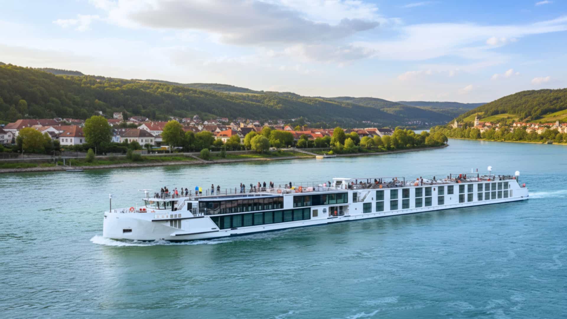 A long, modern Uniworld river cruise ship sailing on a bright blue river. Passengers are visible on the top deck. In the background, the riverbank features a town with densely packed houses, and rolling hills covered in lush green trees extend into the distance under a partly cloudy sky.