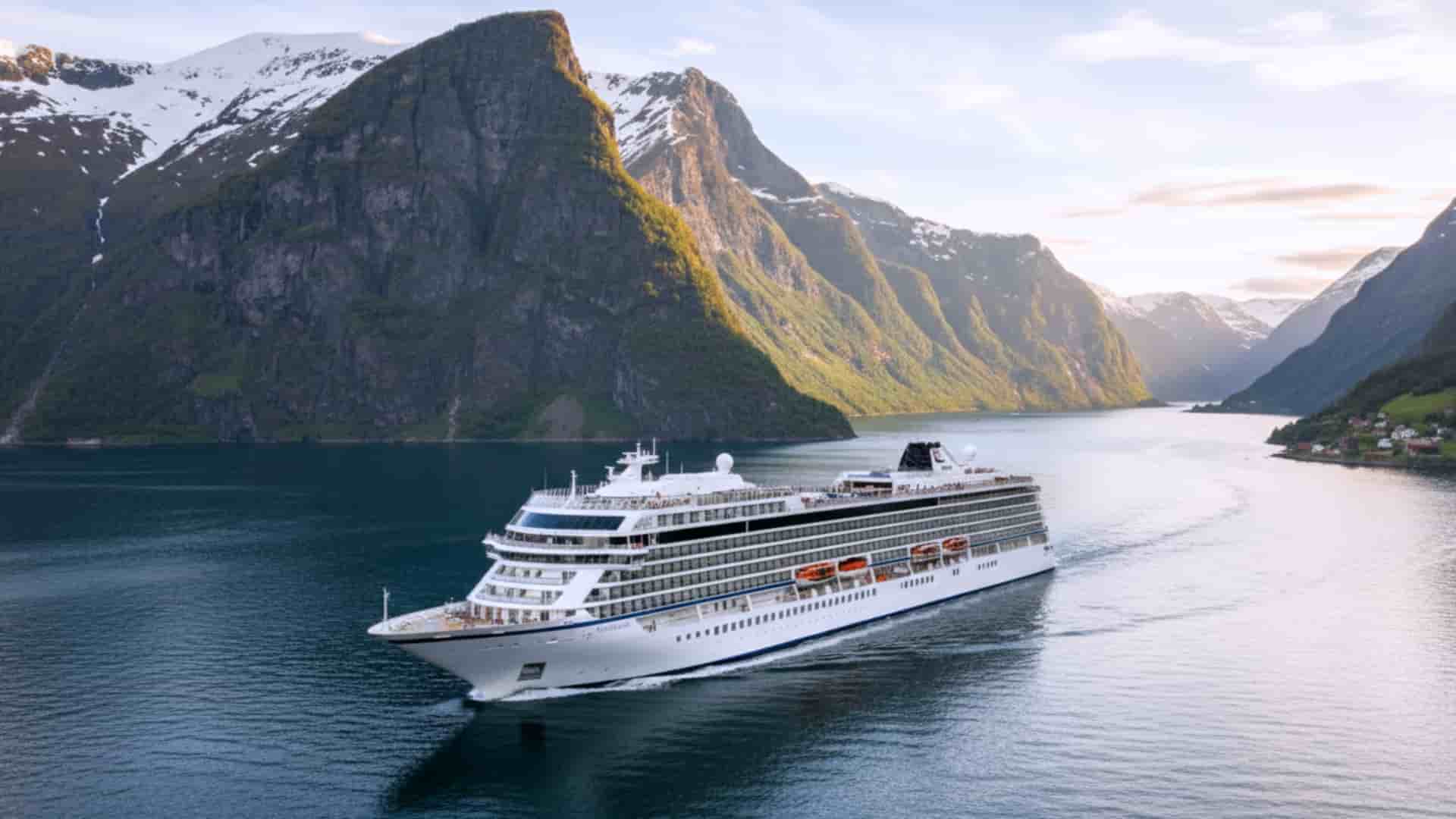 Viking Lyra ocean cruise ship sailing though with vast mountains in the background.