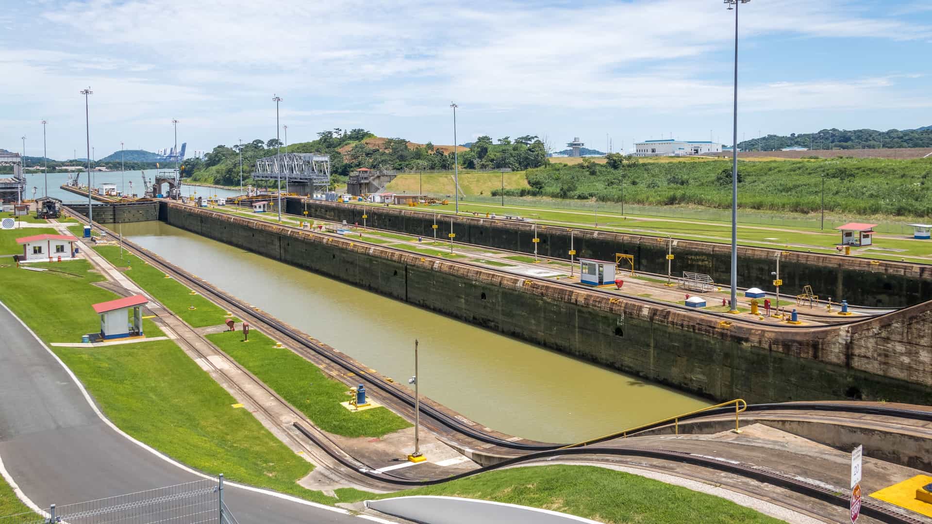 An aerial view of the Miraflores Locks, a key part of the Panama Canal, showcasing the engineering marvel of a Viking Ocean cruise journey through this historic waterway.