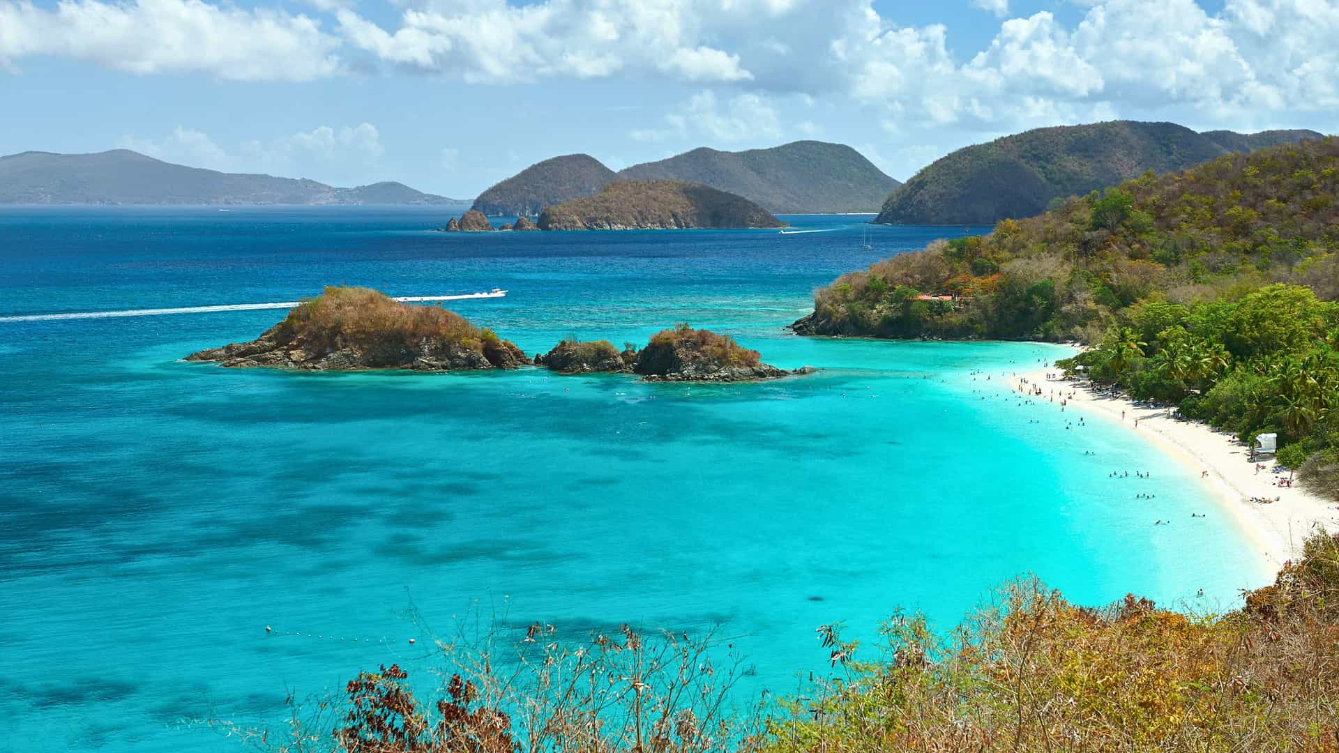 Trunk Bay, Virgin Islands: Turquoise beach, white sand. Popular stop for Holland America Caribbean cruises.