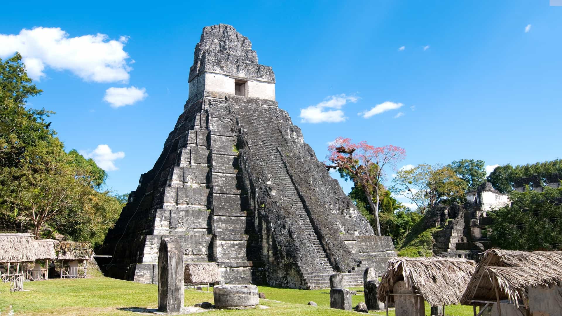 The majestic Mayan ruins in Guatemala, with towering pyramids set against a vibrant green jungle backdrop.