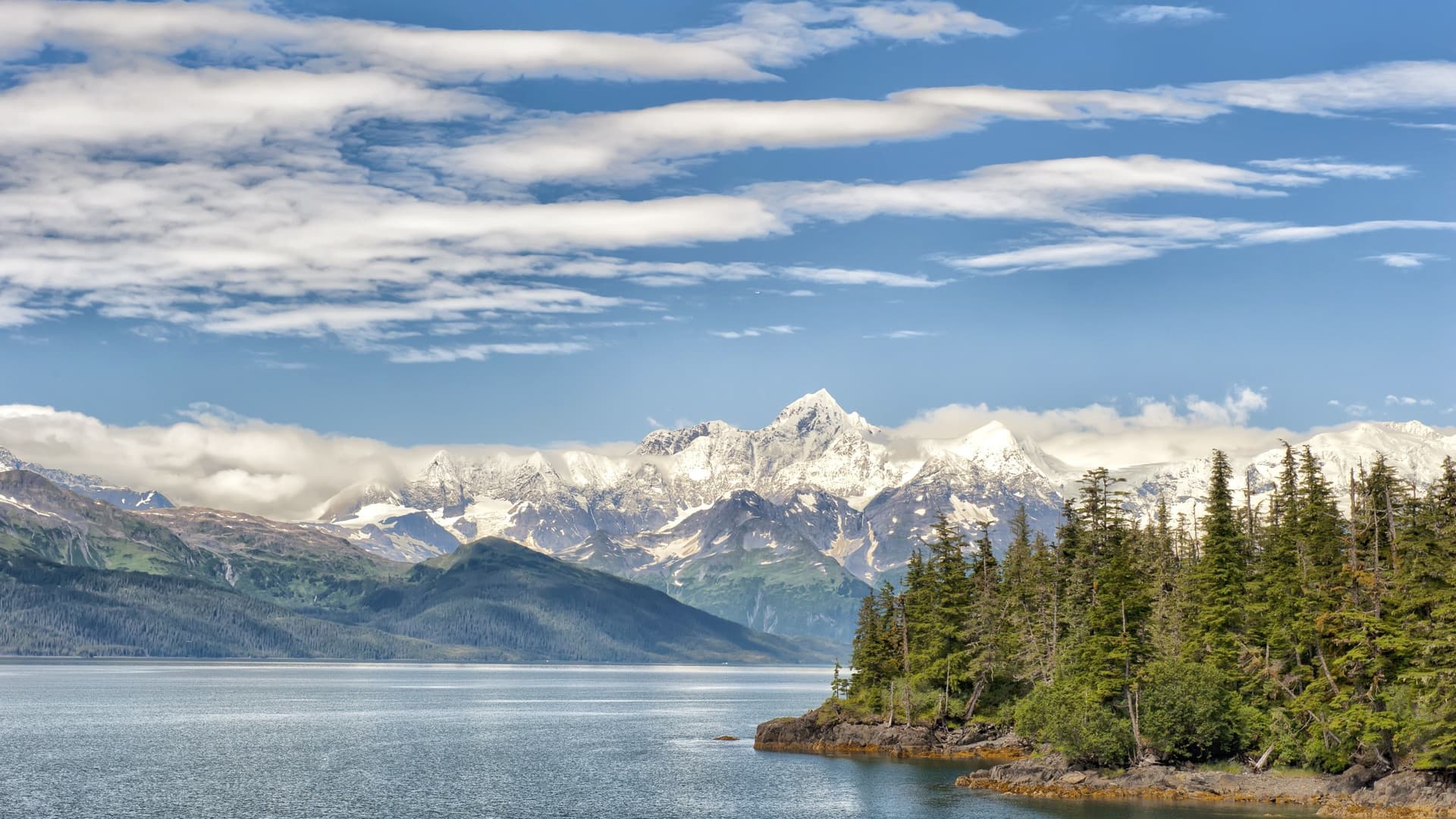 Prince William Sound Alaska mountains and trees.