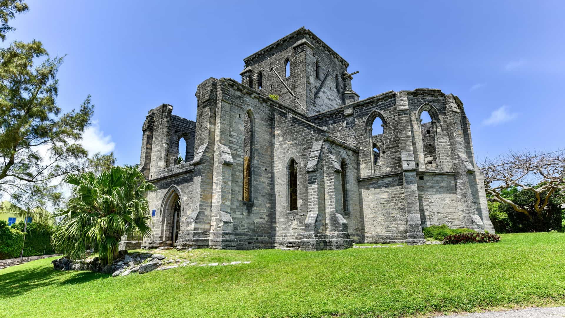 Historic stone ruins of the Unfinished Church in St. George's, Bermuda, a destination on a Windstar cruise.