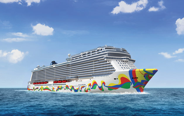 Render image of Norwegian Encore featuring bright splashes of color on the front and sides of the ship.